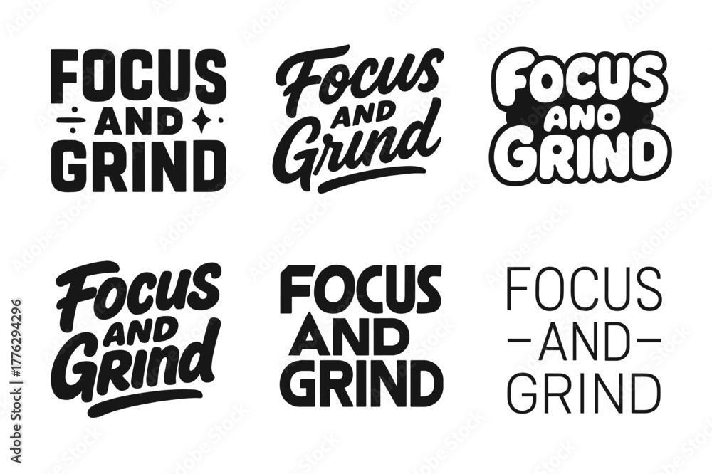Fototapeta premium Diverse Lettering Styles. Focus and Grind. Set lettering. harmonious lettering variations of the same emblematic concept, each with different