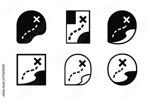 Smuggler?s Route Logos. Smuggler?s route. Set Logo of Smuggler?s route: dashed line to hidden cove. harmonious logo variations of the same emblematic concept,