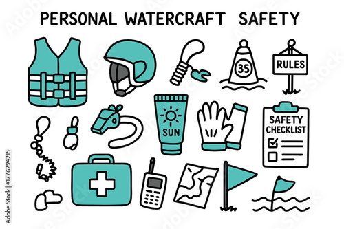 Watercraft Safety Essentials. // Personal watercraft safety. Hand-drawn doodle illustration Personal watercraft safety [PFD vest (accented), helmet (accented),