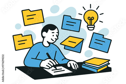 Creative Paperwork Organization. Organizing paperwork. A tidy desk with floating files, a hand holding a pen, and a lightbulb glowing in the background. Modern