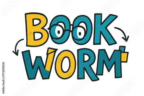 Bookworm Doodle Art. Bookworm Doodles ? Doodle / Sketch; playful hand-drawn letters with rough sketch outlines and arrows; casual offset stacking; colored