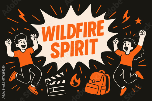 Wildfire Spirit Burst. Wildfire Spirit banner, flat vector illustration, bold oversized text inside comic burst, cartoon characters jumping and shouting near