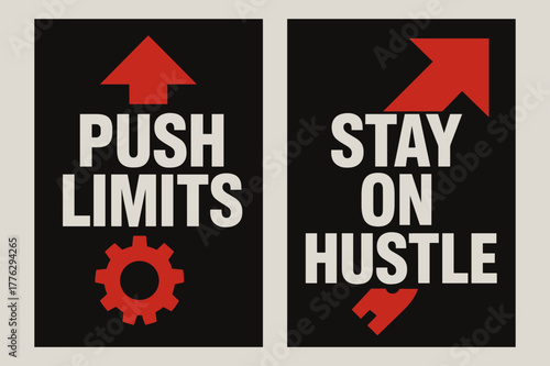 Push Limits Banners. Push limits. Two vertical A6 banners with safe margins, centered composition, no elements touching edges, brutalist, black and red,