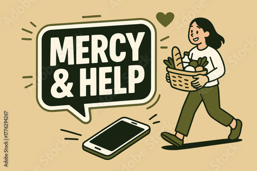 Mercy and Help Banner. Mercy and Help banner, flat vector illustration, bold oversized text inside sticker outline banner, cartoon characters walking and