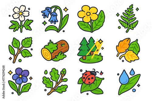 Forest Edge Blossoms. Forest edge blossoms. Colorful isometric vector icons set of Forest edge blossoms: wood anemone, bluebell cluster, primrose leaf, fern