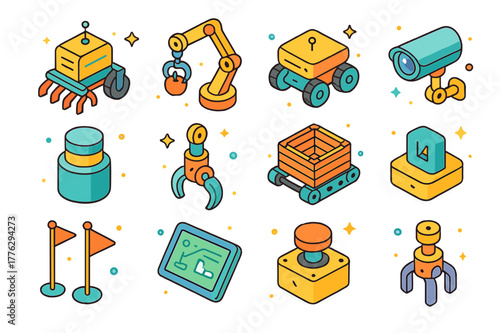 Farm Robotics Icons. Farm robotics. Colorful isometric vector icons set of farm robotics: robotic weeder, harvest robot arm, autonomous rover, vision camera,