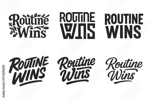 Creative Lettering Variations. Routine wins. Set lettering. harmonious lettering variations of the same emblematic concept, each with different artistic