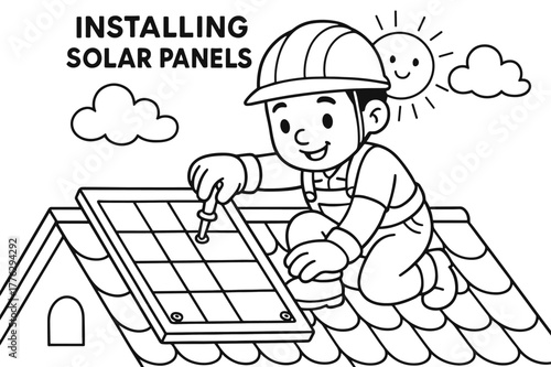 Solar Panel Installation. Installing solar panels children?s coloring book illustration, outlined drawing, a friendly worker on a roof fixing a rectangular