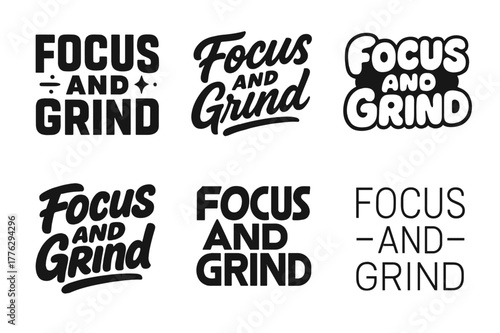Diverse Lettering Styles. Focus and Grind. Set lettering. harmonious lettering variations of the same emblematic concept, each with different
