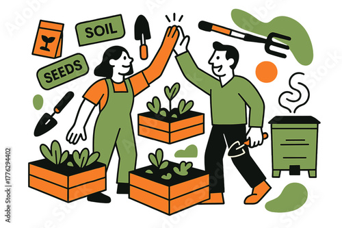 Community Garden Gathering. Green infrastructure ? Community garden & compost. Neighbors high-five over raised beds; a compost bin emits tidy swirl lines.