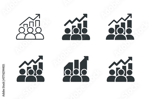 Marketing Audience Logos. Audience in marketing. Set Logo of Audience in marketing: group of people with rising engagement chart. Icon set. harmonious logo