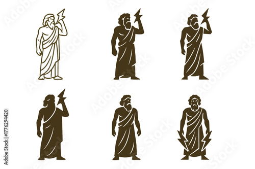 Ancient Deities Logos. Ancient gods and goddesses in a mystical landscape. Set Logo of Ancient gods and goddesses in a mystical landscape: Zeus thunderbolt.