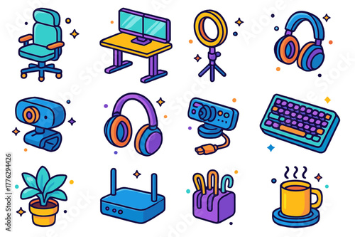 Remote Work Icons. Remote work setup. Colorful isometric vector icons set of Remote work setup: ergonomic chair, standing desk, dual monitors, ring light, HD