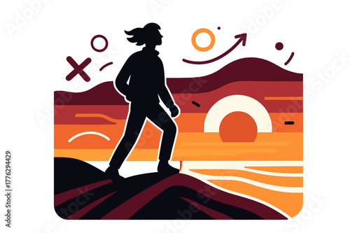 Sunset Silhouette. Silhouette in sunset. A lone figure stands on a ridge as the sun melts into bands; ?Golden hour? curls across the horizon. Long shadows