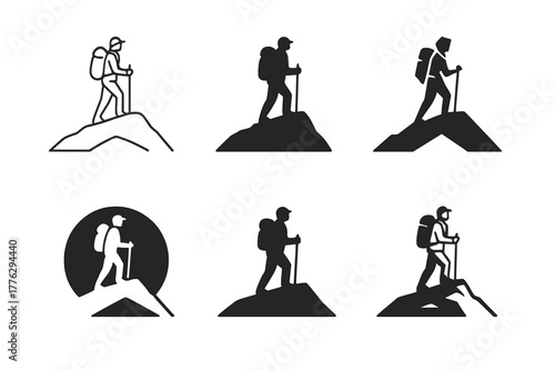 Trekker Logo Variations. Trekking in remote and unexplored areas. Set Logo of Trekking in remote and unexplored areas: lone trekker with backpack on ridge.