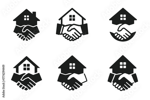 Diverse Real Estate Logos. Real estate and property listings. Set Logo of real estate and property listings: broker handshake by house. Icon set. harmonious