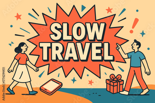 Bold Slow Travel Banner. Slow Travel banner, flat vector illustration, bold oversized text inside splash explosion banner, cartoon characters strolling and