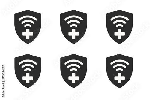 Telemedicine Shield Logos. Telemedicine consultations. Set Logo of shield with Wi-Fi and medical cross: Abstract geometric, Iconic shape, Symmetrical form,