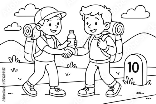 Travelers Sharing Kindness. Gratitude and kindness on the road children?s coloring book illustration, outlined drawing, travelers sharing water and helping