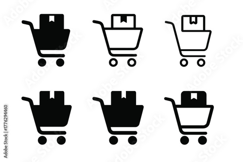 Creative Shopping Logos. Online shopping. Set Logo of online shopping: delivery box. Icon set. harmonious logo variations of the same emblematic concept, each