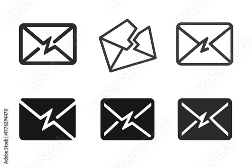 Communication Breakdown Icons. broken communication lines. Set Logo of broken communication lines: Bounced email envelope. Icon set. harmonious logo variations