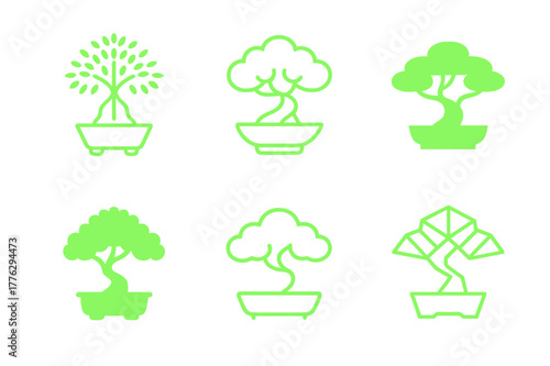 Luminous Bonsai Designs. Synthetic plants that glow in the dark. Set Logo of Synthetic plants that glow in the dark: luminous bonsai tree. Icon set. harmonious
