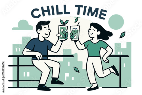 Rooftop Refreshment Break. Rooftop Iced Tea Pause. A clink of glass against railing; mint leaves spin like tiny kites. ?Chill Time? floats above skyline