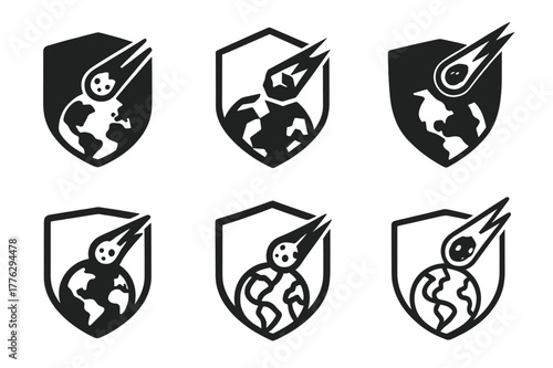 Asteroid Impact Logos. Asteroids and meteor impacts on Earth. Set Logo of asteroids and meteor impacts on Earth: Earth shield with asteroid trajectory. Icon