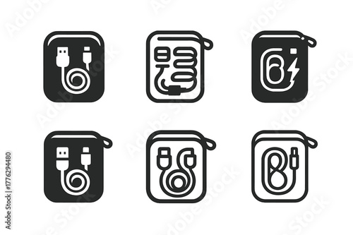 Travel Cable Kit Logos. Travel cable kit. Set Logo of Travel cable kit: zip pouch with neatly wound leads. harmonious logo variations of the same emblematic