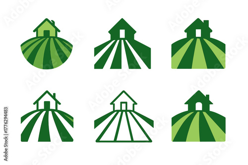 Creative Landscaping Logos. Property landscaping and curb appeal. Set Logo of property landscaping and curb appeal: manicured lawn with crisp mowing stripes.