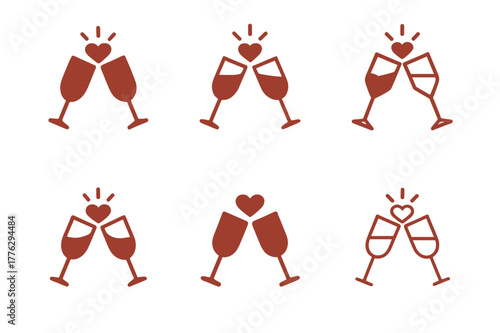 Valentine's Icon Set. Valentine?s Day celebrations and gifts. Set Logo of Valentine?s Day celebrations and gifts: clinking champagne flutes with heart sparkle.