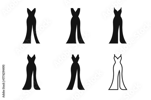 Womenswear Fashion Icons. Womenswear fashion. Icon set. Set Logo of Womenswear fashion: evening gown with high slit. harmonious logo variations of the same
