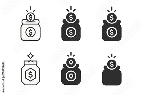 Diverse Fundraising Logos. Philanthropists or nonprofit workers volunteering. Set Logo of fundraising event: donation jar with coin and spark. Icon set.