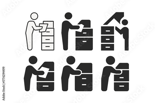 Office Logo Variations. A professional organizing business documents and files in an office. Set Logo of A professional organizing business documents and files
