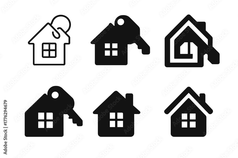Fototapeta premium Real Estate Logos. Real estate and property listings. Set Logo of real estate and property listings: house with key tag. Icon set. harmonious logo variations