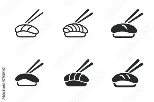 Sushi Logo Variations. Private chef and catering services. Set Logo of sushi platter: nigiri and chopsticks. Icon set. harmonious logo variations of the same