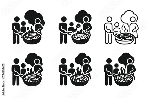 Family BBQ Logos. A family enjoying a BBQ in the backyard, with grilled meats and vegetables. Set Logo of A family enjoying a BBQ in the backyard, with grilled
