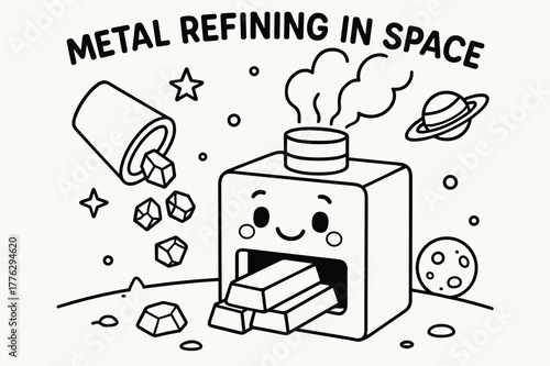 Space Smelter Coloring. Metal refining in space children?s coloring book illustration, outlined drawing, compact smelter box with a smiling face turning ore