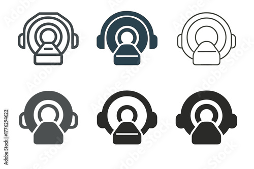 MRI Logo Variations. MRI machine. Set Logo of MRI machine: ear protection headphones for scanner. Icon set. harmonious logo variations of the same emblematic