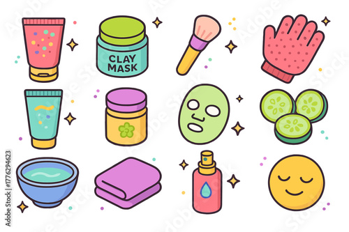 Skincare Essentials Icons. Exfoliation and masks. Colorful isometric vector icons set of Exfoliation and masks: face scrub tube, clay mask jar, brush