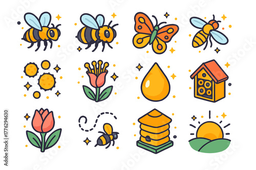 Early Bloom Pollinators. Pollinators in early bloom. Colorful isometric vector icons set of Pollinators in early bloom: honeybee, bumblebee, butterfly,