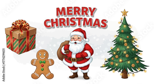 Festive Merry Christmas scene with Santa, decorated tree, gift, and gingerbread man ready to bring holiday cheer for greeting cards and seasonal designs