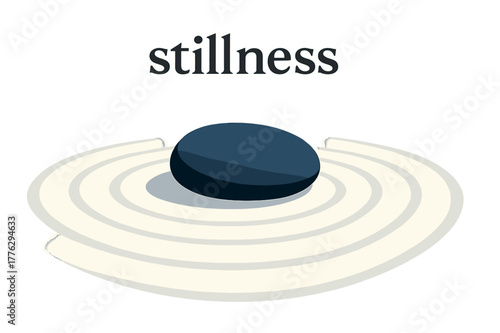 Stillness and Motion. Pebble. A single smooth stone rests on rippled sand; soft concentric lines radiate outward. Caption ?stillness? hovers in delicate type