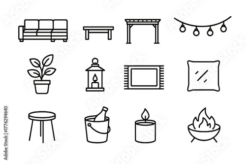 Outdoor Lounge Icons. Outdoor Lounge. Line icon set of Outdoor Lounge: sectional sofa, coffee table, pergola, string lights, potted plant, lantern, outdoor