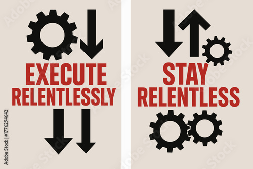 Brutalist Banner Design. Execute relentlessly. Two vertical A6 banners with safe margins, centered composition, no elements touching edges, brutalist, black