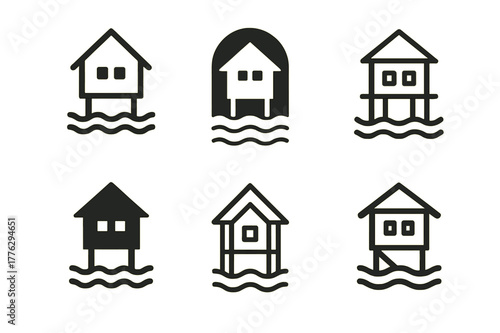 Floating Neighborhood Logos. Floating neighborhoods. Set Logo of floating neighborhoods: flood-resilient stilt houses. Icon set. harmonious logo variations of