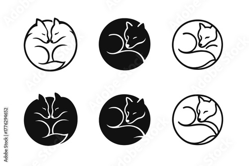Wolf Pack Emblem. Animal sleep. Set Logo of pack rest: wolves curled together. Icon set. harmonious logo variations of the same emblematic concept, each with