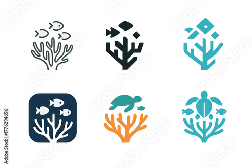 Coral Reef Logos. A vibrant coral reef teeming with colorful fish, sea turtles, and coral formations. Set Logo of A vibrant coral reef teeming with colorful