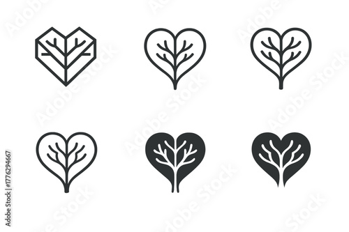 Heart Tree Logos. Supporting teens through family transitions. Set Logo of supporting teens through family transitions: heart tree with branching paths. Icon
