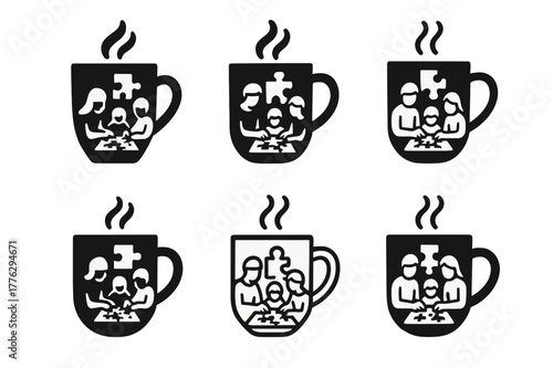 Family Puzzle Logos. A family putting together a puzzle on a cozy afternoon. Set Logo of a family putting together a puzzle on a cozy afternoon: steaming mug